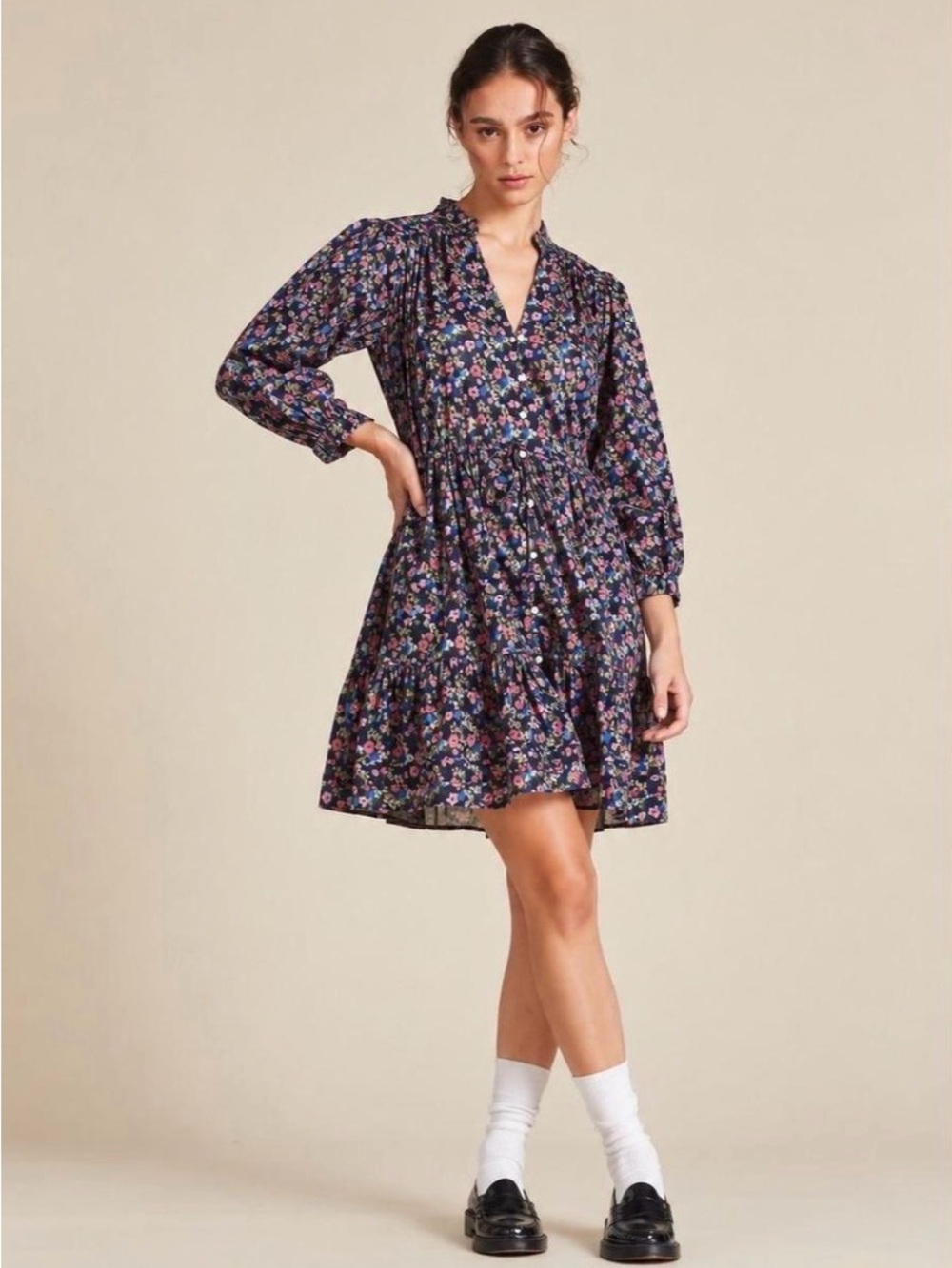 Trovata Birds of Paradis Floral Tiered Long-Sleeve Dress